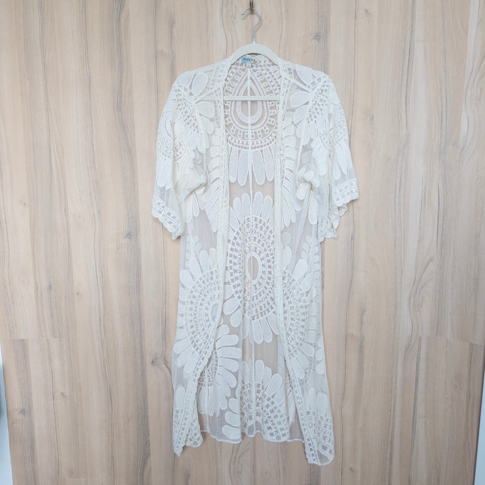 Embroidered Sheer Lace Kimono S White Floral Boho Long Cardigan Fairy Layer